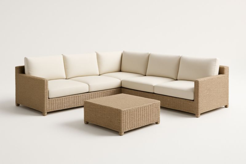 Divano ad Angolo in Rattan Sintetico con Cuscini in Tessuto Crema e Tavolino