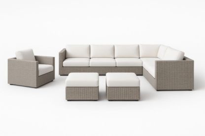 Set Divano da Esterno in Rattan Sintetico Beige con Cuscini Crema