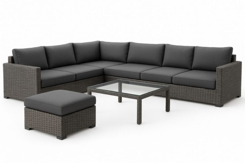 Set salotto giardino angolare in polyrattan grigio scuro con tavolo vetro temperato