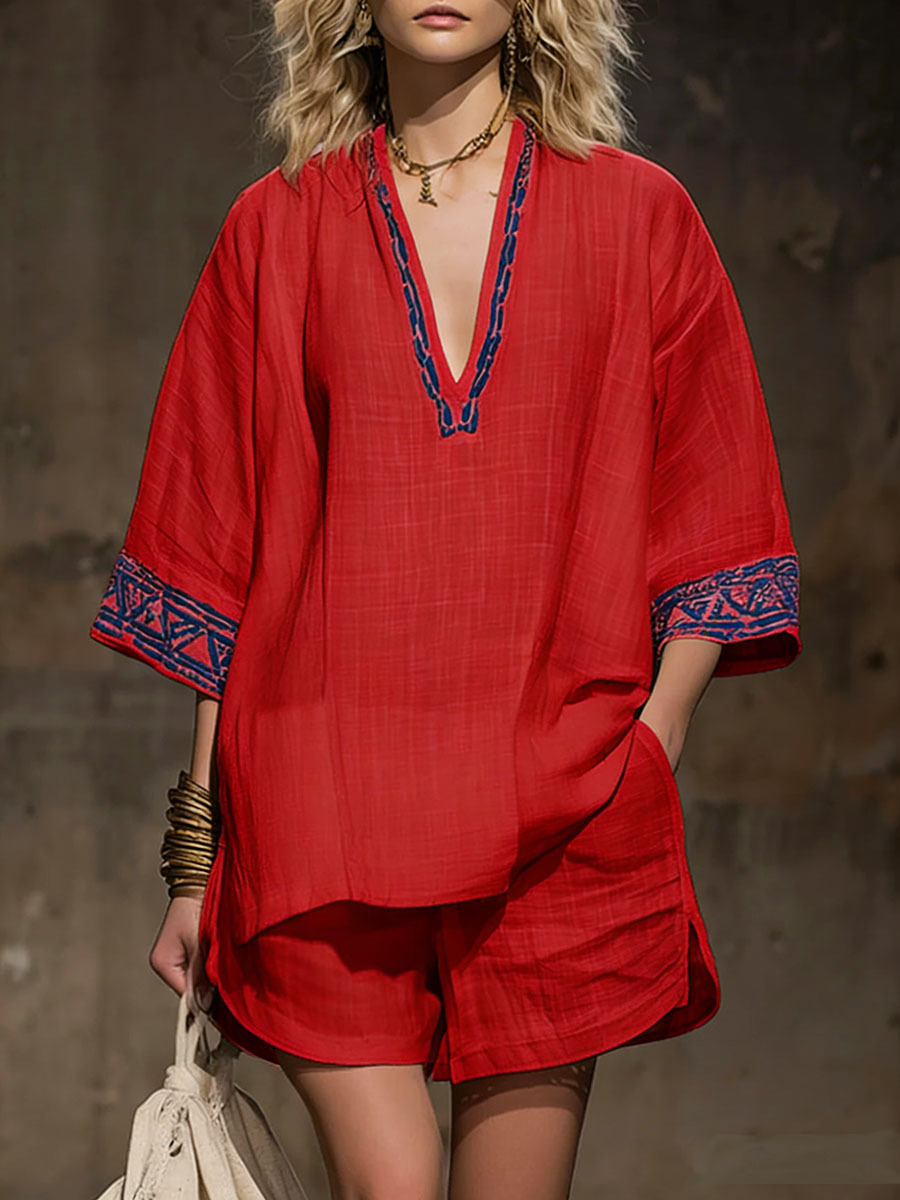 💝💝Women's V-neck 3/4 Sleeve Casual Loose Linen Top With Elastic Waist And Wide-leg Shorts Linen Suit