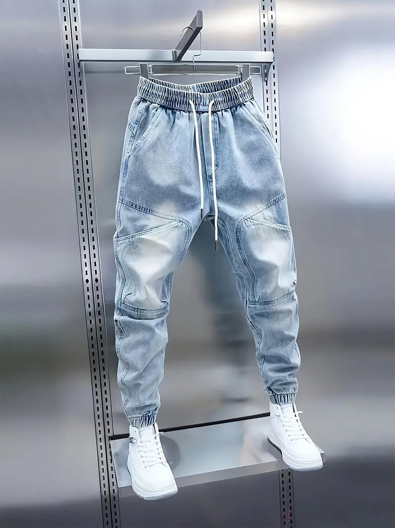 🎈🎈Trendy Men's Patchwork Denim Elastic Waist Jogger Harem Pants