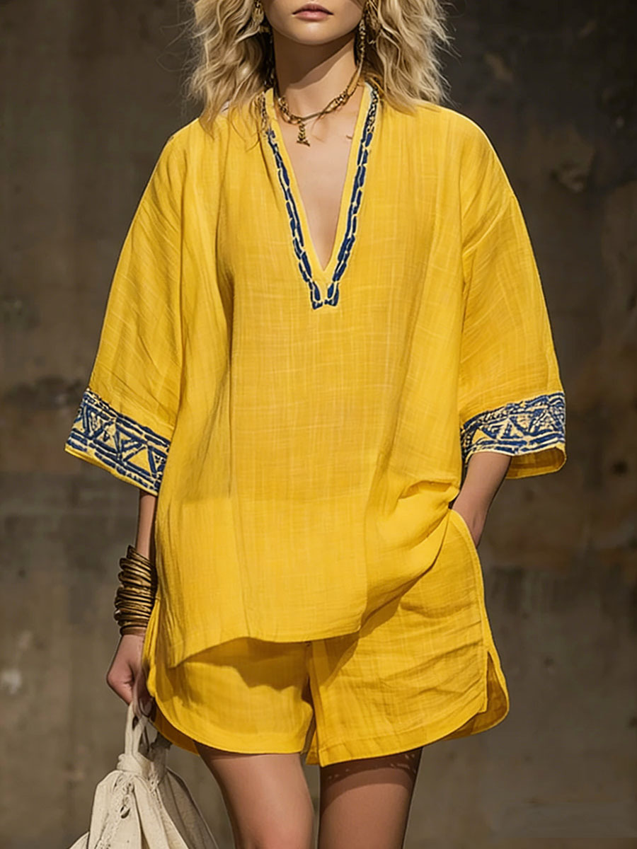 💝💝Women's V-neck 3/4 Sleeve Casual Loose Linen Top With Elastic Waist And Wide-leg Shorts Linen Suit