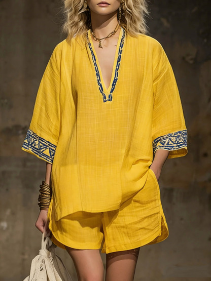💝💝Women's V-neck 3/4 Sleeve Casual Loose Linen Top With Elastic Waist And Wide-leg Shorts Linen Suit