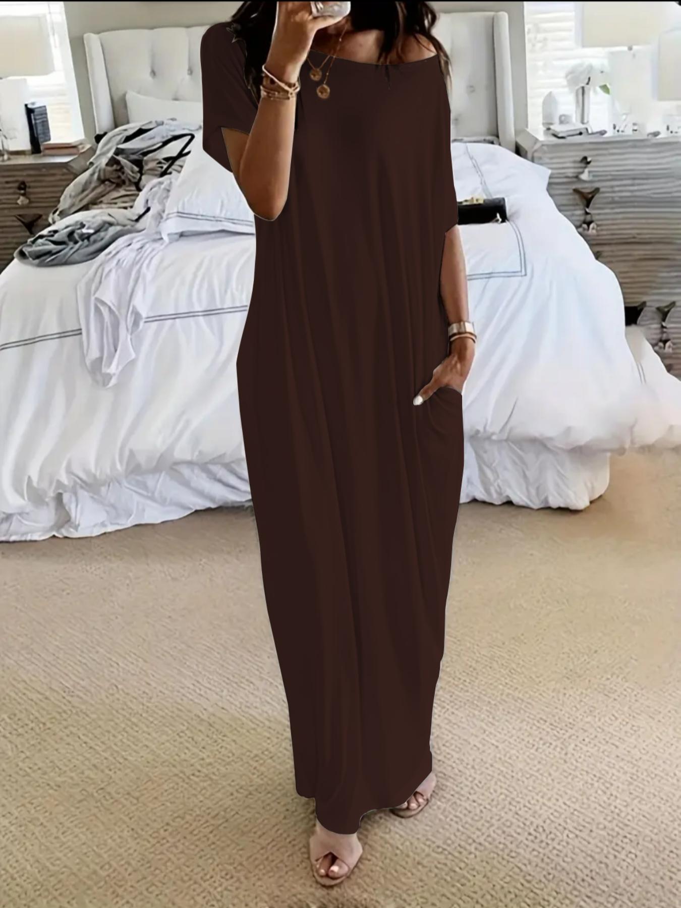 Women's Solid Color Batwing Sleeve Lounge Dress, Casual Comfy Short Sleeve Nightdress for Daily Wear, Ladies Sleepwear for All Seasons