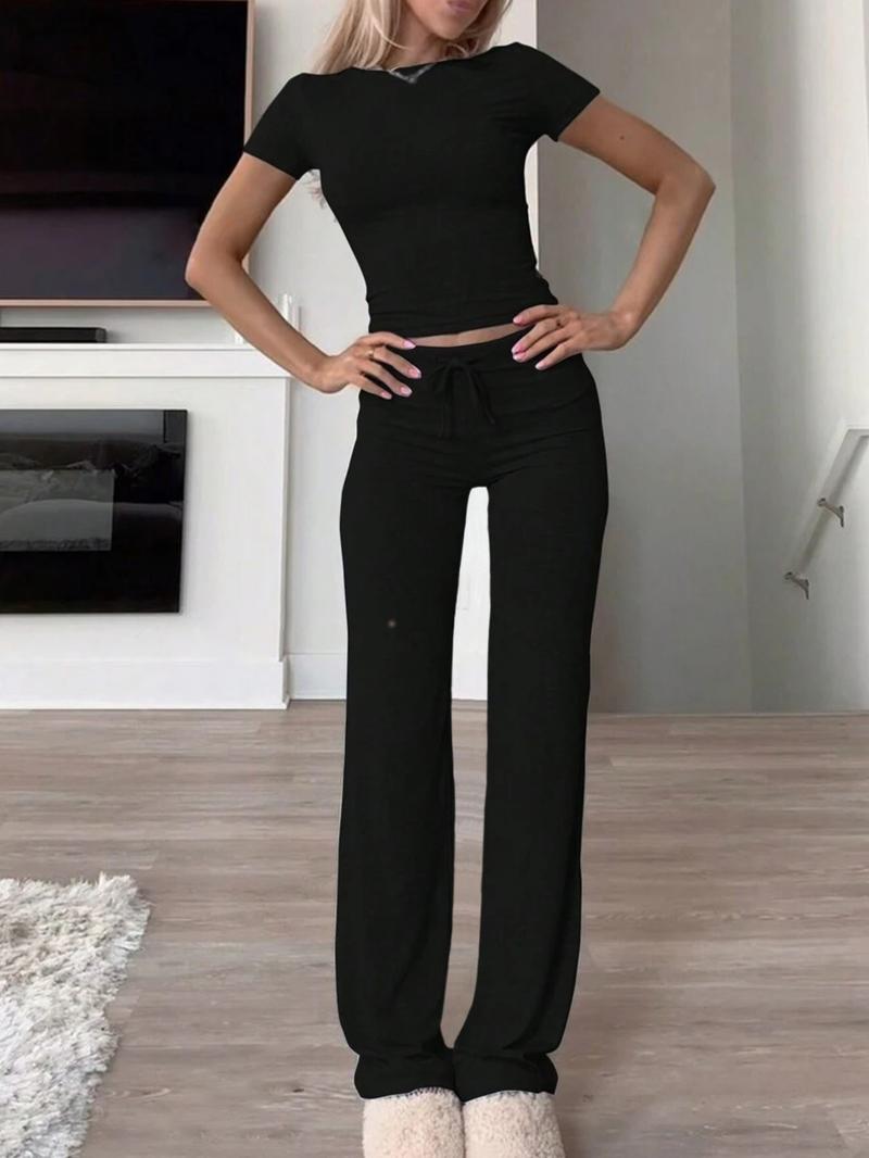 Women's Solid Modal Loungewear Two-Piece Set, Casual Comfy Round Neck Short Sleeve Tee & Drawstring Pants Set, Ladies Sleepwear for Spring & Fall, Pajama Set