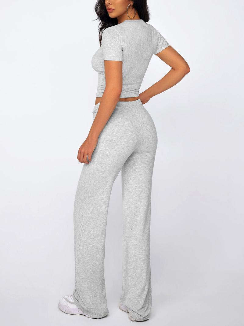 Women's Solid Modal Loungewear Two-Piece Set, Casual Comfy Round Neck Short Sleeve Tee & Drawstring Pants Set, Ladies Sleepwear for Spring & Fall, Pajama Set