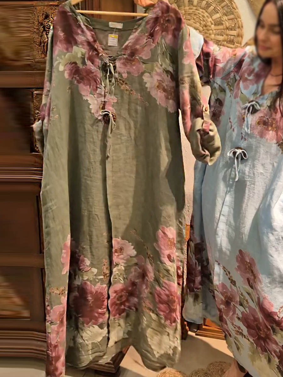 💝💝Women's V-neck Long Sleeve Vintage Positioning Print Casual Loose Cotton and Linen Dress