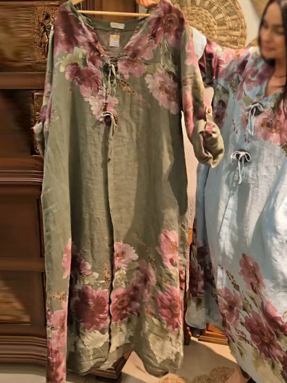 💝💝Women's V-neck Long Sleeve Vintage Positioning Print Casual Loose Cotton and Linen Dress