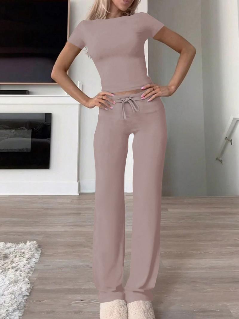 Women's Solid Modal Loungewear Two-Piece Set, Casual Comfy Round Neck Short Sleeve Tee & Drawstring Pants Set, Ladies Sleepwear for Spring & Fall, Pajama Set