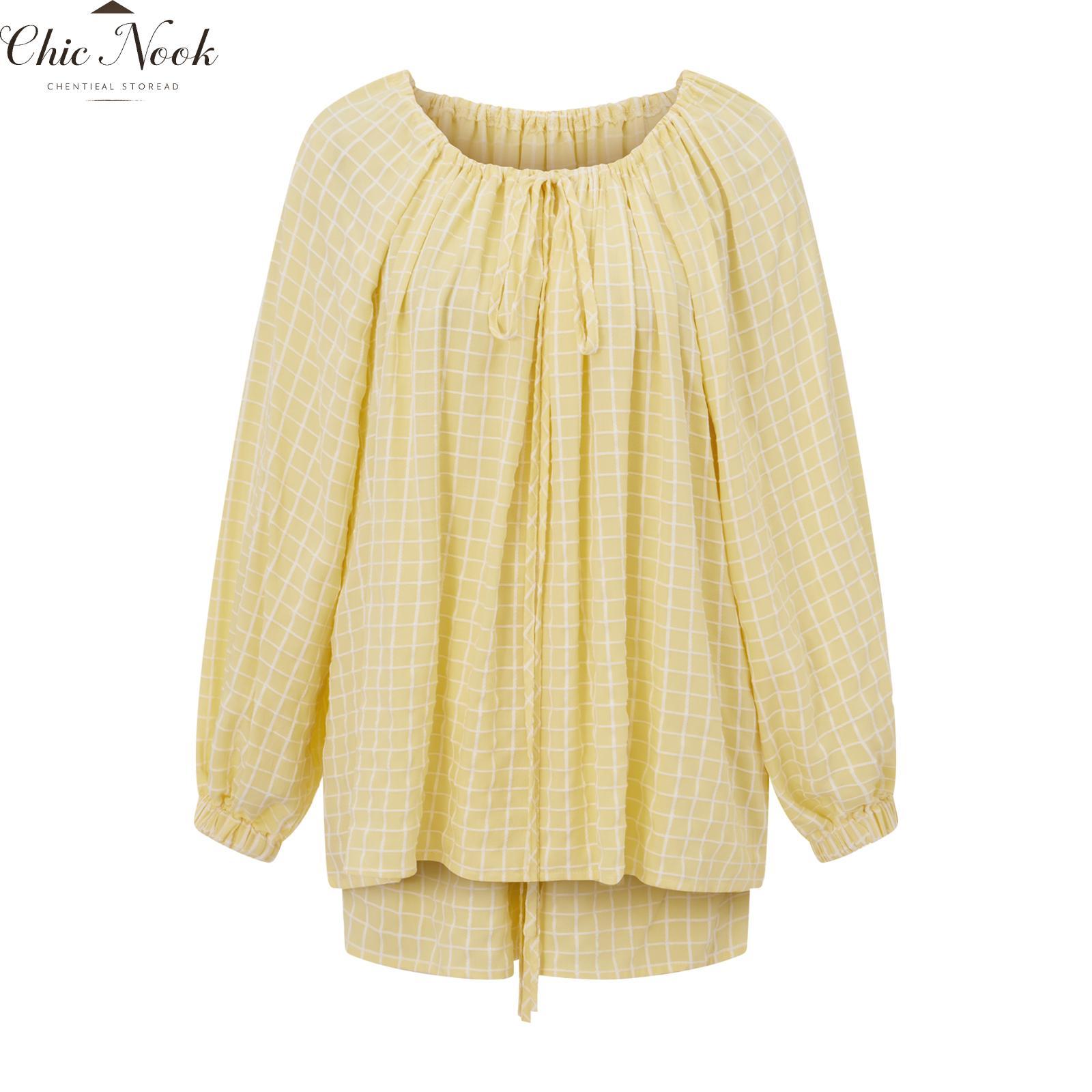 Women Plaid Outfit, Long Sleeve Tie-up Crew Neck T-shirt with Elastic Waist Shorts Summer Outfit Women Plaid Outfit, Long Sleeve Tie-up Crew Neck T-shirt with Elastic Waist Shorts Summer Outfit