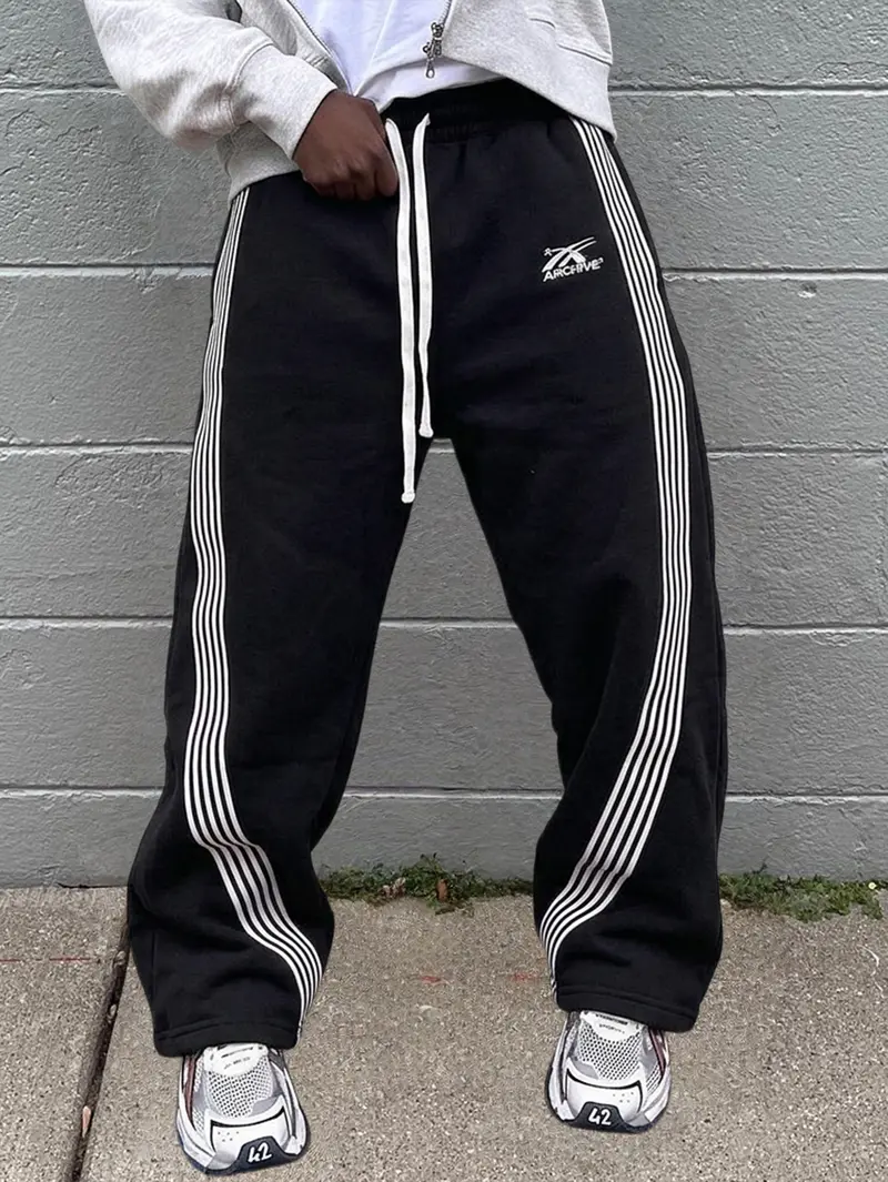 Men's 3-Pack Baggy Curved Wide-Leg Sweatpants - Male Clothing, Streetwear Clothing, Adjustable Drawcord Waist, Multiple White Stripes, Letter Print, for Street Casual & Everyday Wear