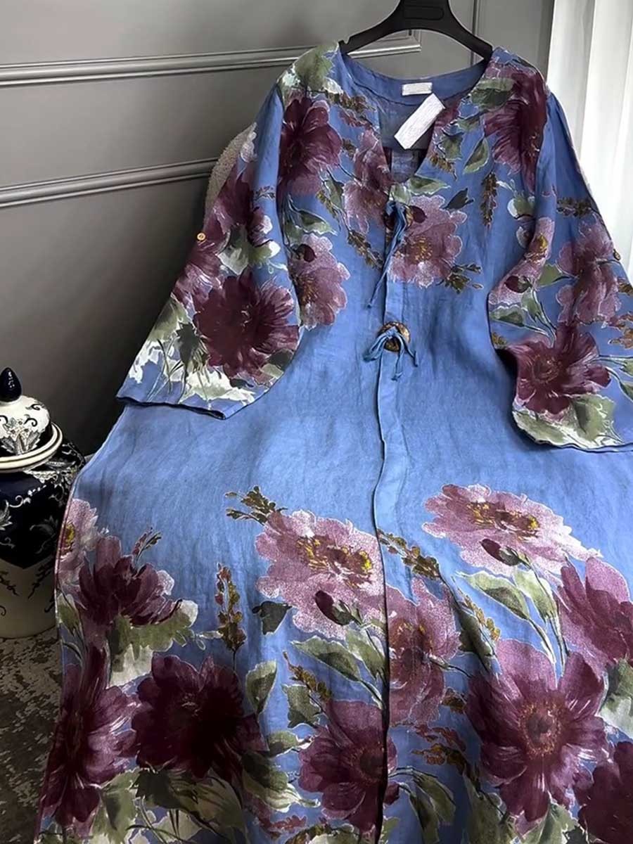 💝💝Women's V-neck Long Sleeve Vintage Positioning Print Casual Loose Cotton and Linen Dress