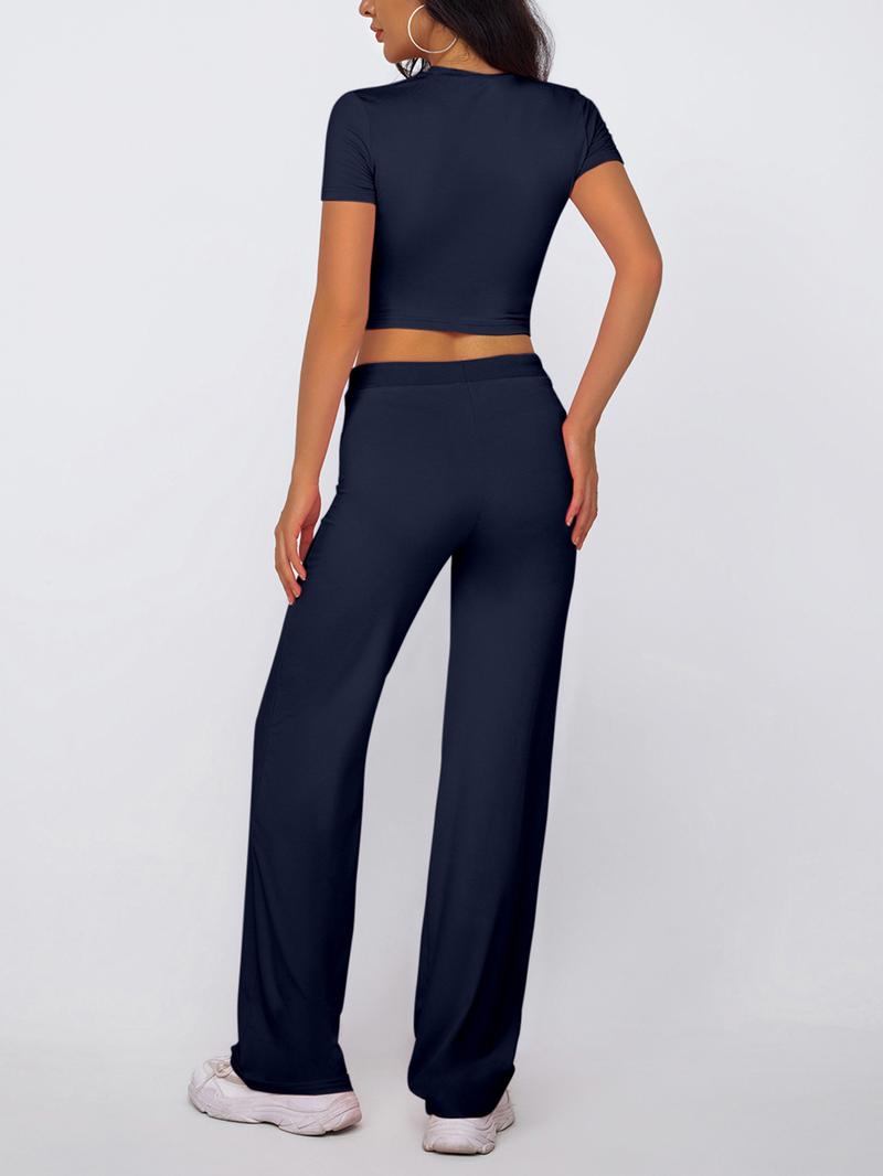 Women's Solid Modal Loungewear Two-Piece Set, Casual Comfy Round Neck Short Sleeve Tee & Drawstring Pants Set, Ladies Sleepwear for Spring & Fall, Pajama Set
