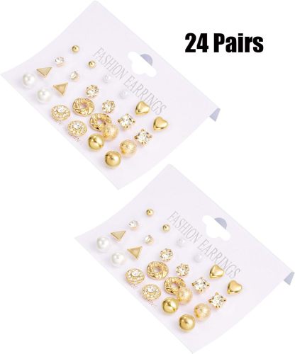 BBTO 24 Pairs Stud Earrings Crystal Pearl Earring Set Ear Stud Jewelry for Women Men