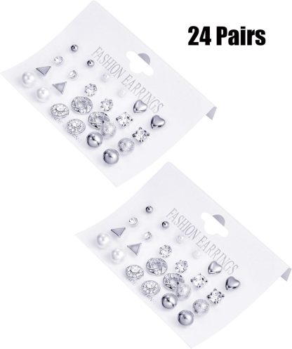 BBTO 24 Pairs Stud Earrings Crystal Pearl Earring Set Ear Stud Jewelry for Women Men