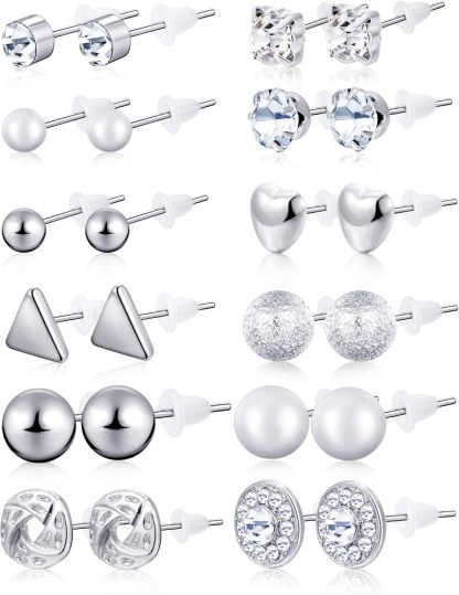 BBTO 24 Pairs Stud Earrings Crystal Pearl Earring Set Ear Stud Jewelry for Women Men