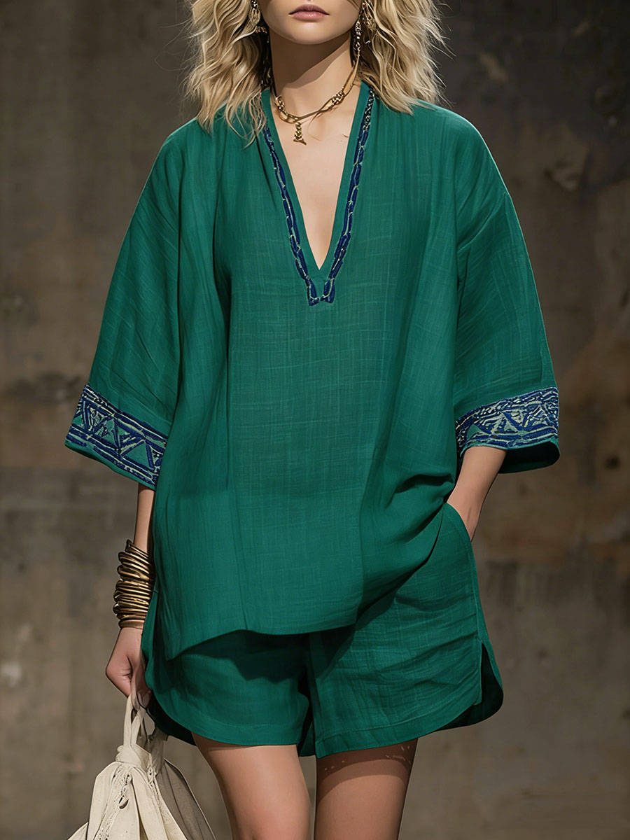 💝💝Women's V-neck 3/4 Sleeve Casual Loose Linen Top With Elastic Waist And Wide-leg Shorts Linen Suit