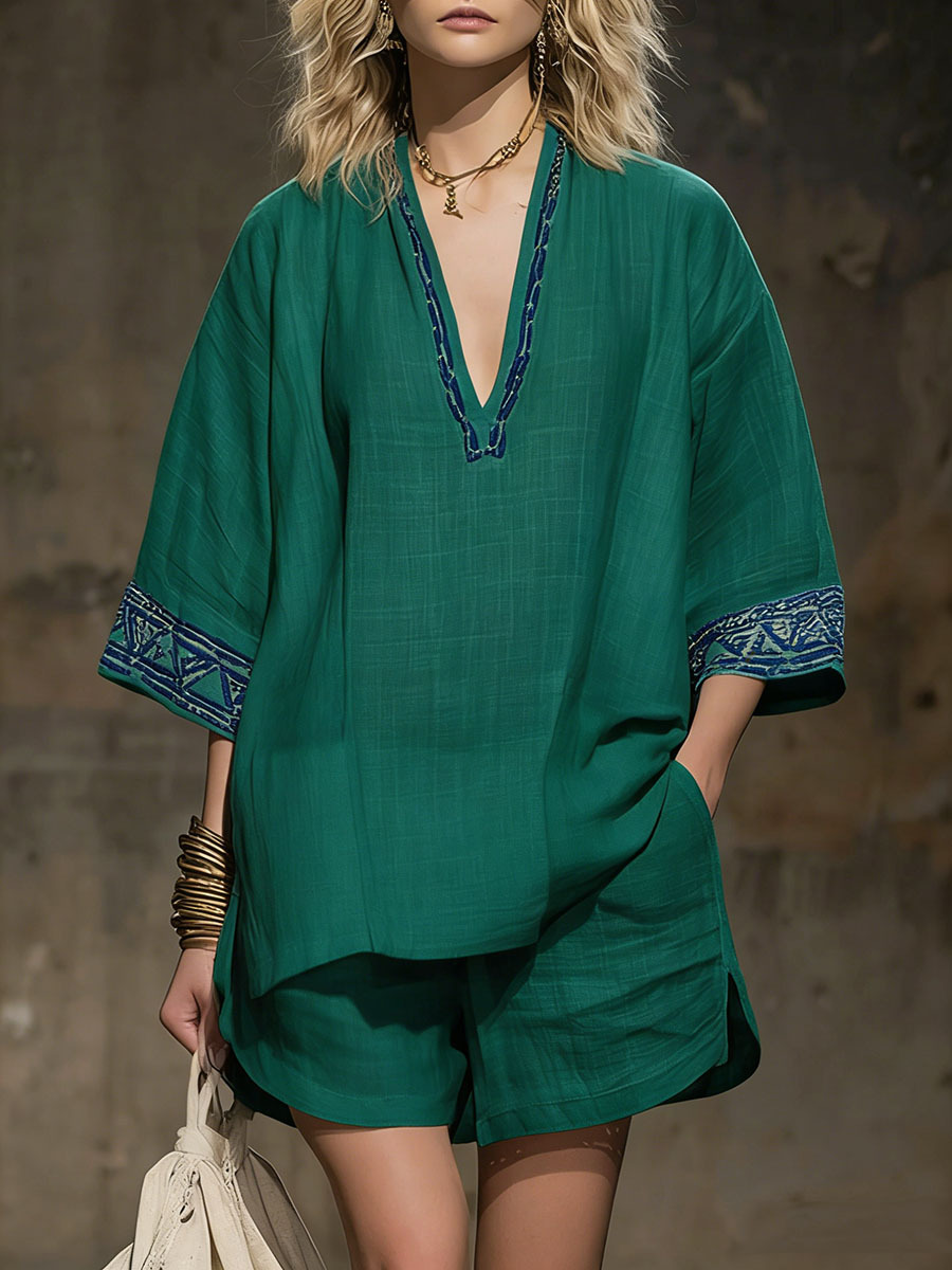 💝💝Women's V-neck 3/4 Sleeve Casual Loose Linen Top With Elastic Waist And Wide-leg Shorts Linen Suit
