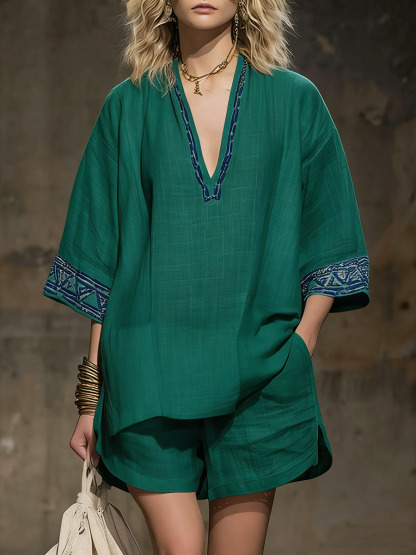 💝💝Women's V-neck 3/4 Sleeve Casual Loose Linen Top With Elastic Waist And Wide-leg Shorts Linen Suit