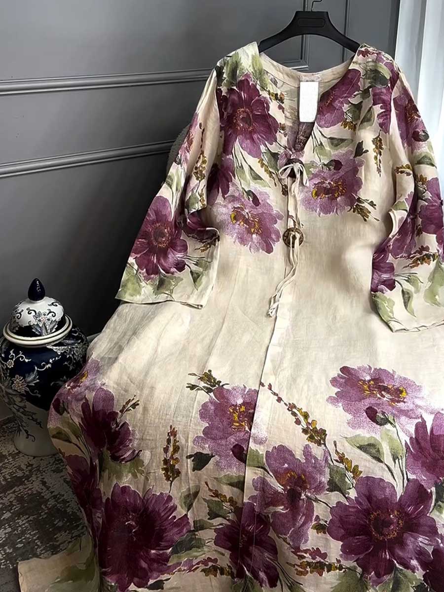 💝💝Women's V-neck Long Sleeve Vintage Positioning Print Casual Loose Cotton and Linen Dress