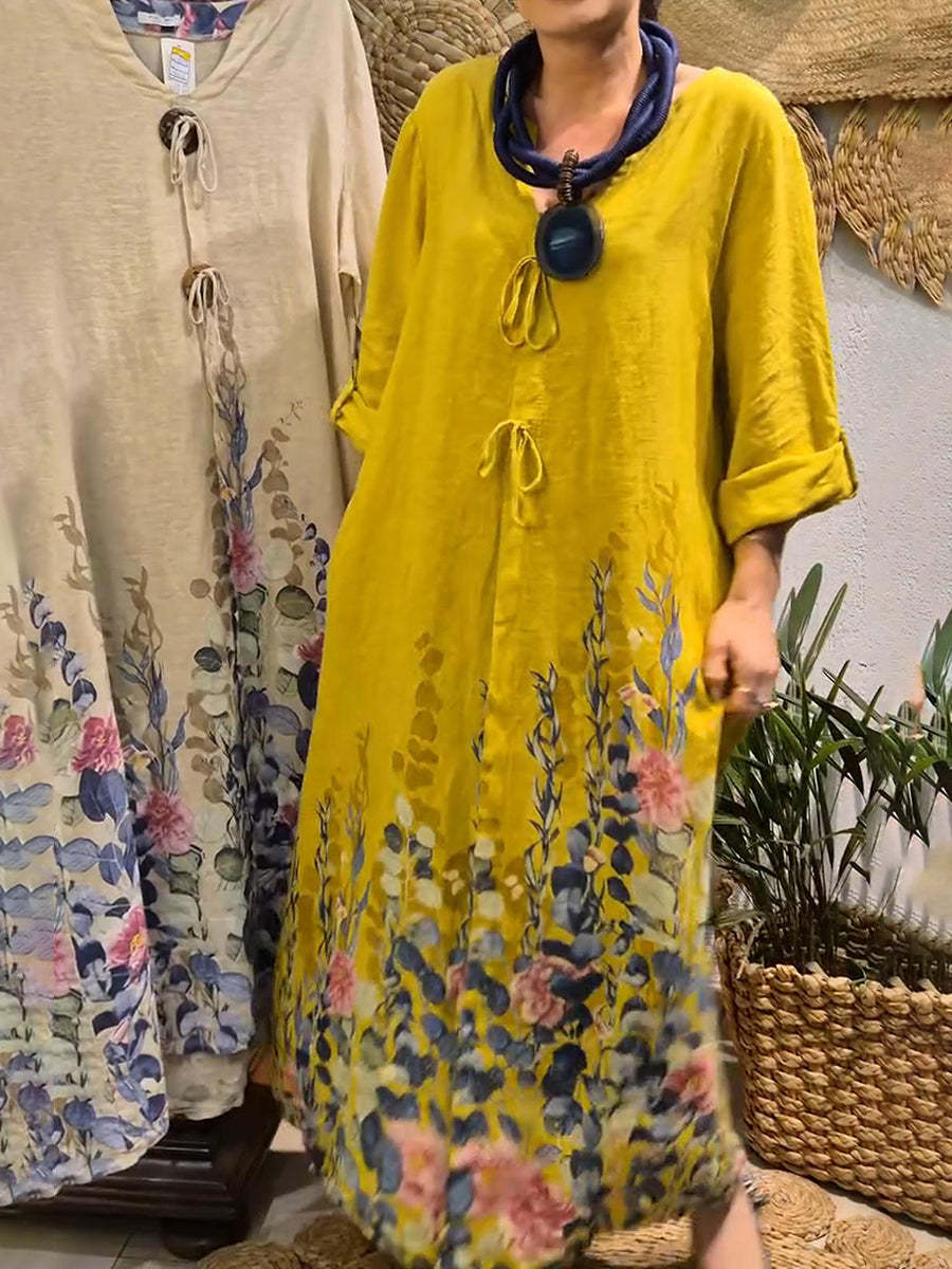 💝💝Women's Flower Bouquet Print Loose Linen Dress