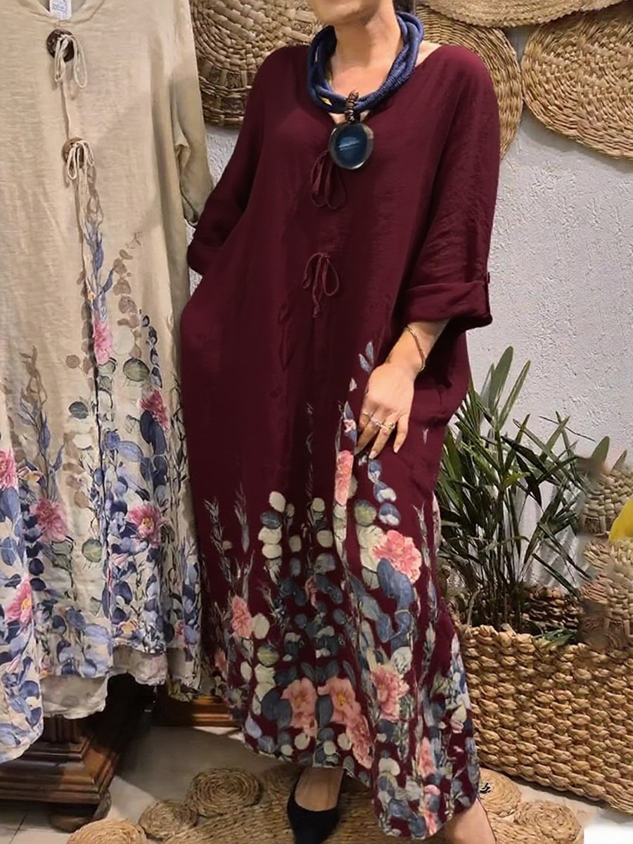 💝💝Women's Flower Bouquet Print Loose Linen Dress