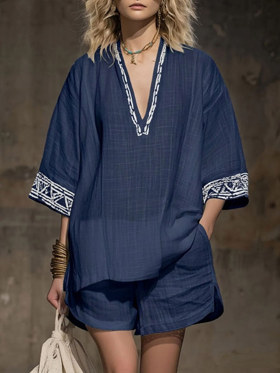 💝💝Women's V-neck 3/4 Sleeve Casual Loose Linen Top With Elastic Waist And Wide-leg Shorts Linen Suit