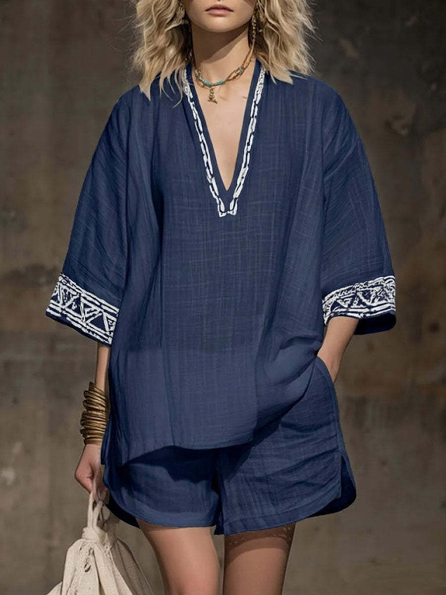 💝💝Women's V-neck 3/4 Sleeve Casual Loose Linen Top With Elastic Waist And Wide-leg Shorts Linen Suit