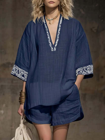 💝💝Women's V-neck 3/4 Sleeve Casual Loose Linen Top With Elastic Waist And Wide-leg Shorts Linen Suit