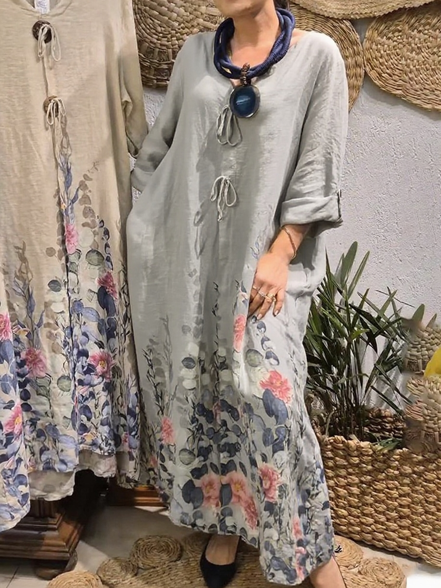 💝💝Women's Flower Bouquet Print Loose Linen Dress