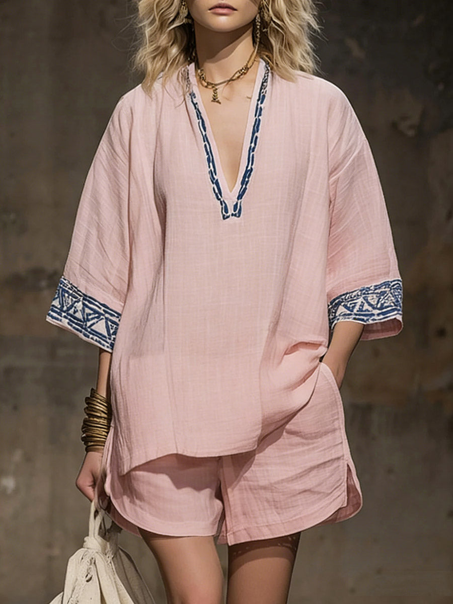 💝💝Women's V-neck 3/4 Sleeve Casual Loose Linen Top With Elastic Waist And Wide-leg Shorts Linen Suit