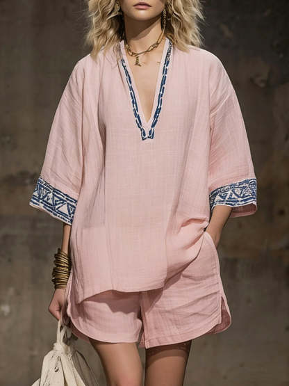 💝💝Women's V-neck 3/4 Sleeve Casual Loose Linen Top With Elastic Waist And Wide-leg Shorts Linen Suit
