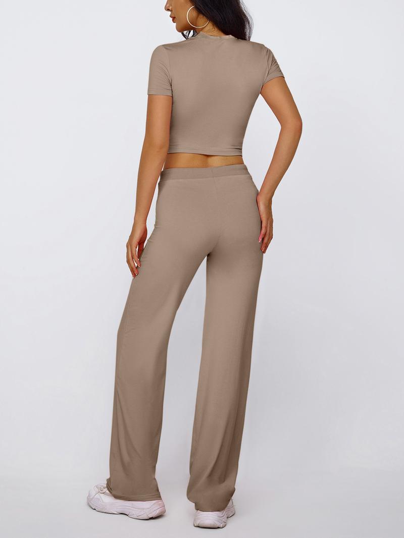 Women's Solid Modal Loungewear Two-Piece Set, Casual Comfy Round Neck Short Sleeve Tee & Drawstring Pants Set, Ladies Sleepwear for Spring & Fall, Pajama Set