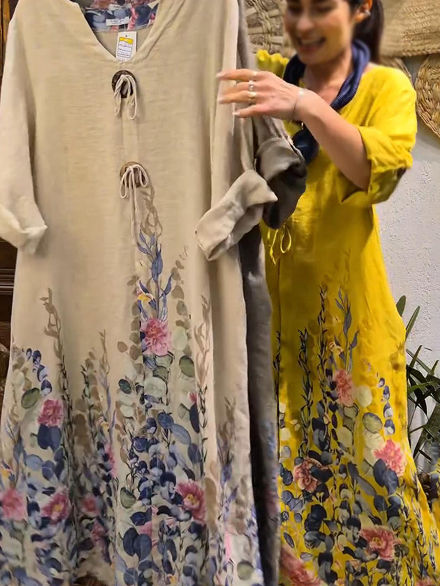 💝💝Women's Flower Bouquet Print Loose Linen Dress
