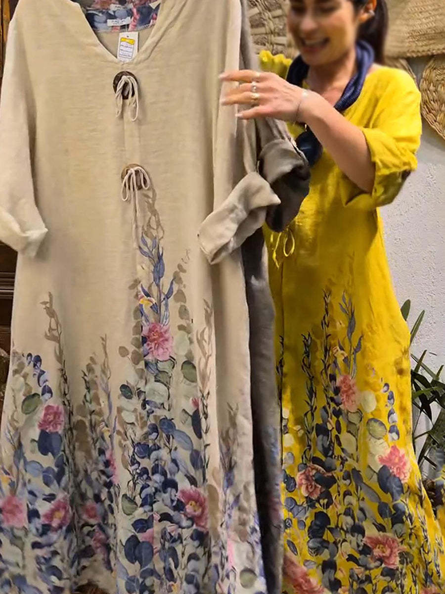 💝💝Women's Flower Bouquet Print Loose Linen Dress