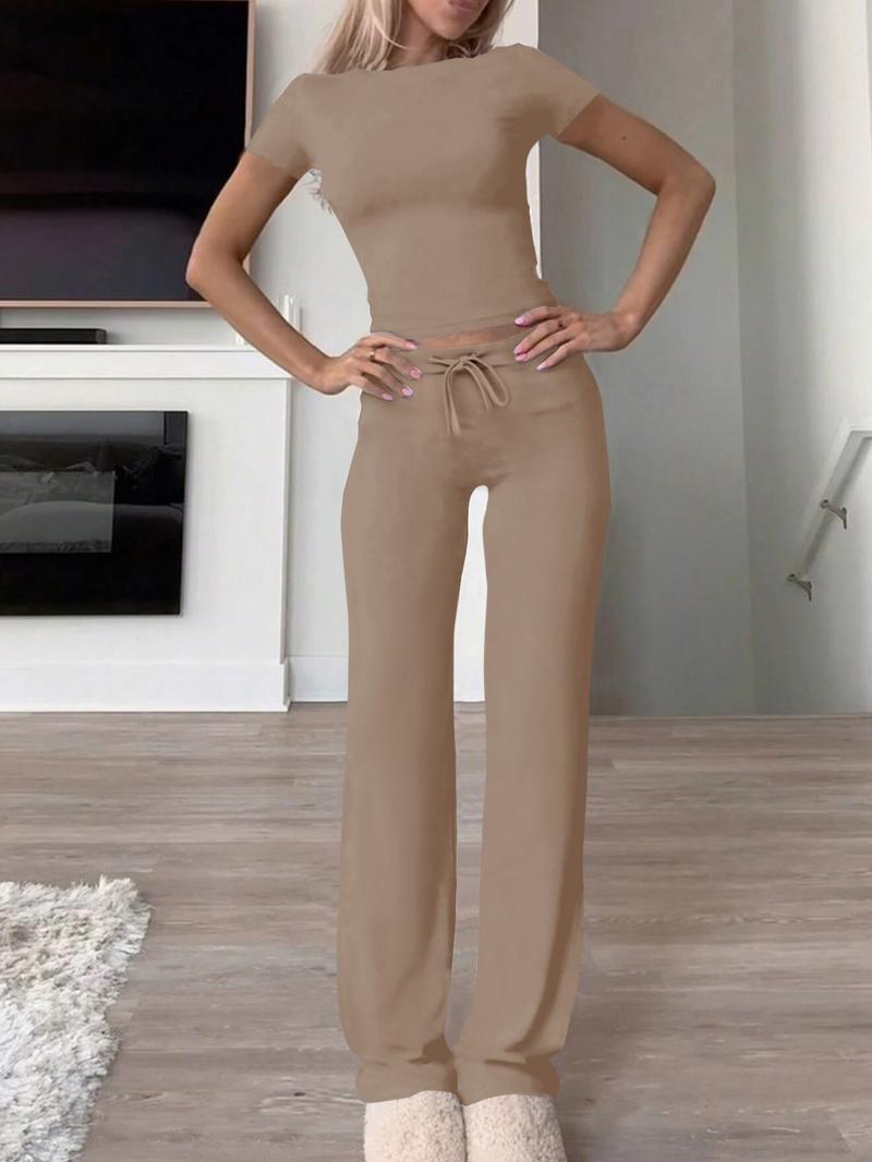 Women's Solid Modal Loungewear Two-Piece Set, Casual Comfy Round Neck Short Sleeve Tee & Drawstring Pants Set, Ladies Sleepwear for Spring & Fall, Pajama Set