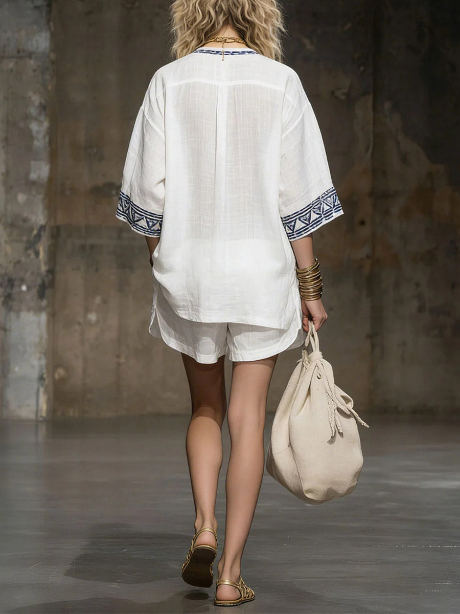 💝💝Women's V-neck 3/4 Sleeve Casual Loose Linen Top With Elastic Waist And Wide-leg Shorts Linen Suit