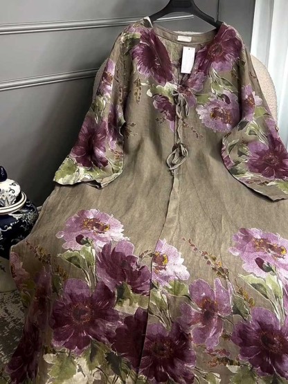 💝💝Women's V-neck Long Sleeve Vintage Positioning Print Casual Loose Cotton and Linen Dress