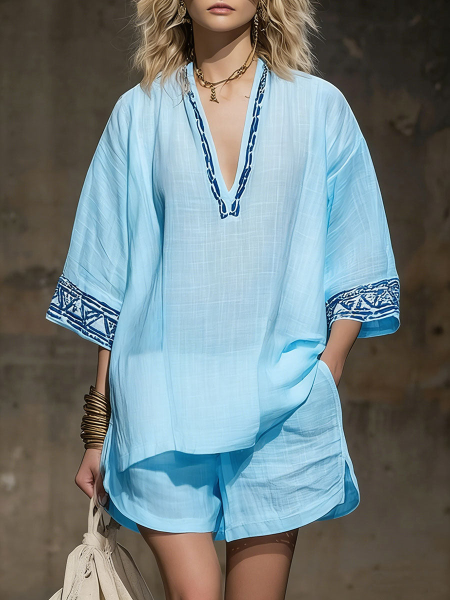 💝💝Women's V-neck 3/4 Sleeve Casual Loose Linen Top With Elastic Waist And Wide-leg Shorts Linen Suit