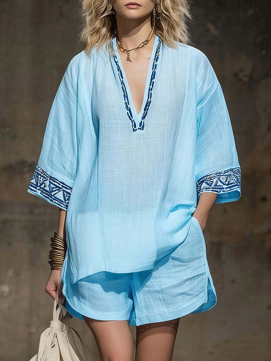 💝💝Women's V-neck 3/4 Sleeve Casual Loose Linen Top With Elastic Waist And Wide-leg Shorts Linen Suit
