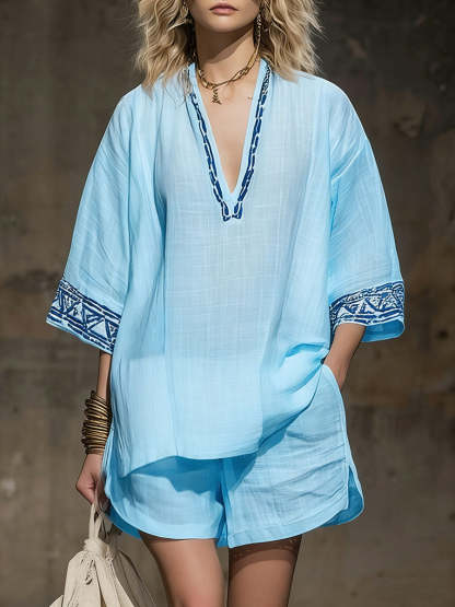 💝💝Women's V-neck 3/4 Sleeve Casual Loose Linen Top With Elastic Waist And Wide-leg Shorts Linen Suit