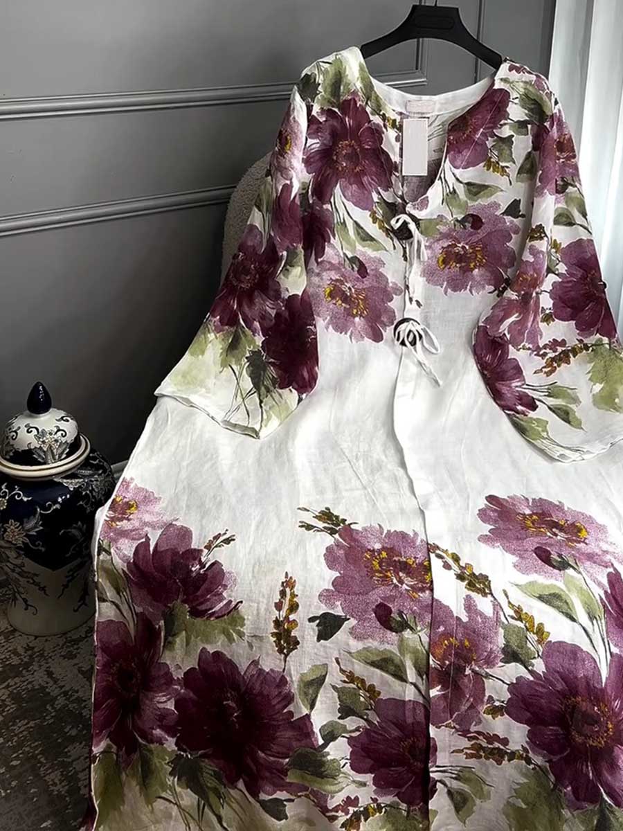 💝💝Women's V-neck Long Sleeve Vintage Positioning Print Casual Loose Cotton and Linen Dress