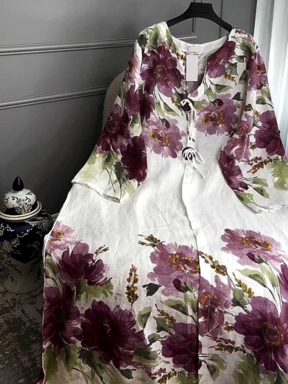 💝💝Women's V-neck Long Sleeve Vintage Positioning Print Casual Loose Cotton and Linen Dress