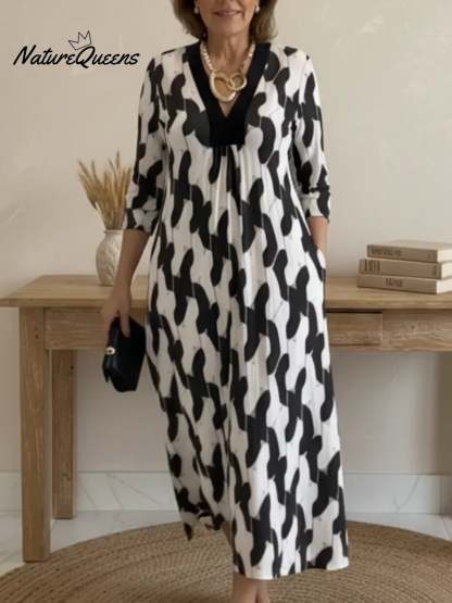 Elegant Art Print Color Block Trim V-neck Midi Dress