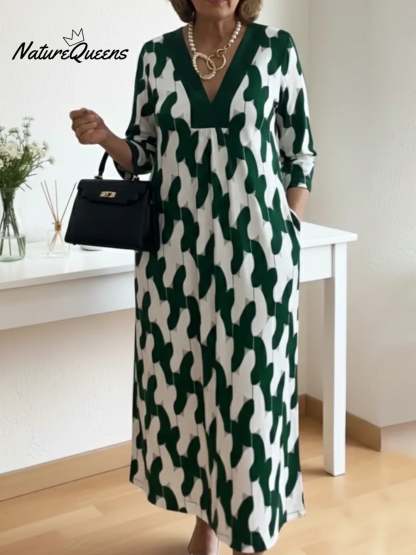 Elegant Art Print Color Block Trim V-neck Midi Dress