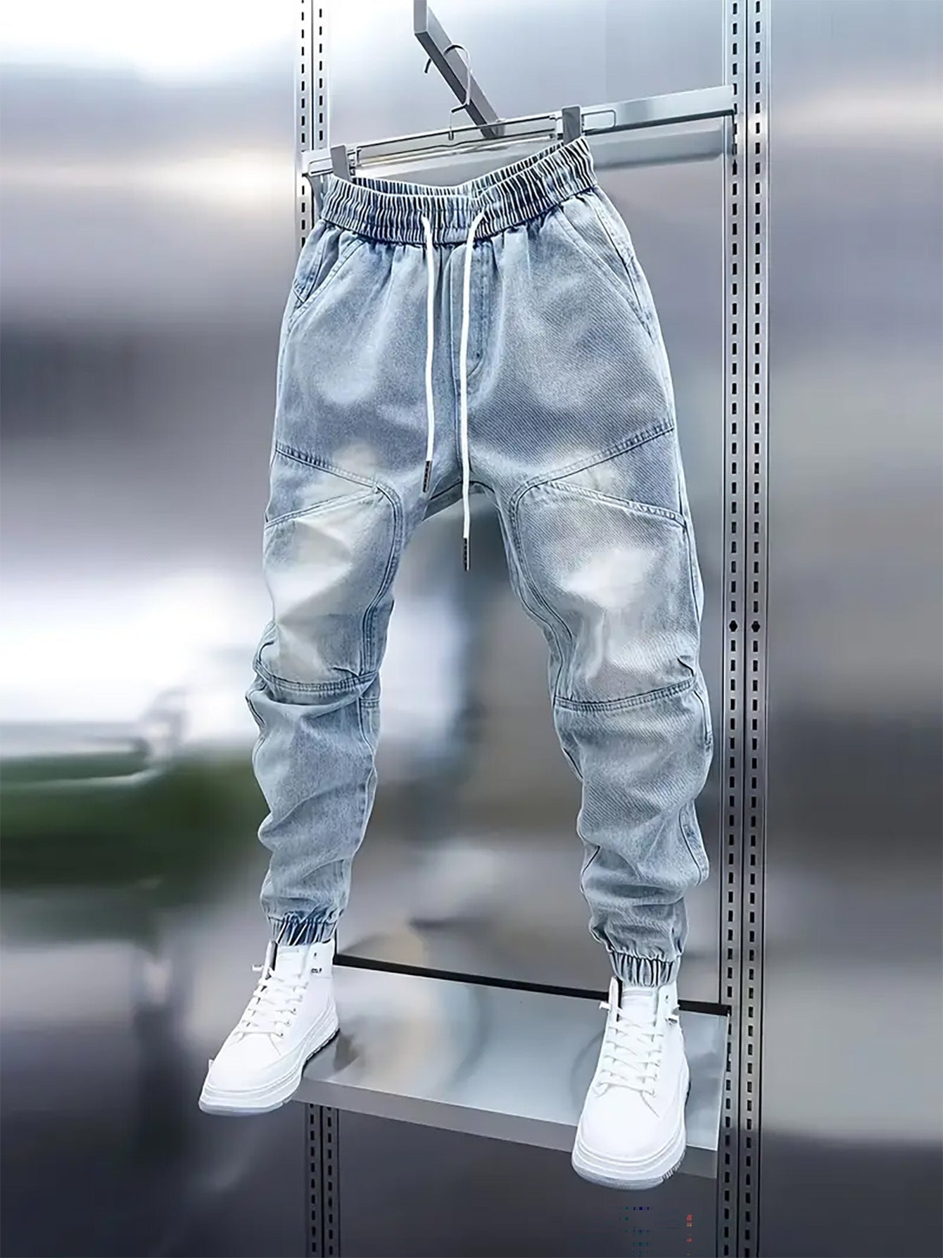 🎈🎈Trendy Men's Patchwork Denim Elastic Waist Jogger Harem Pants