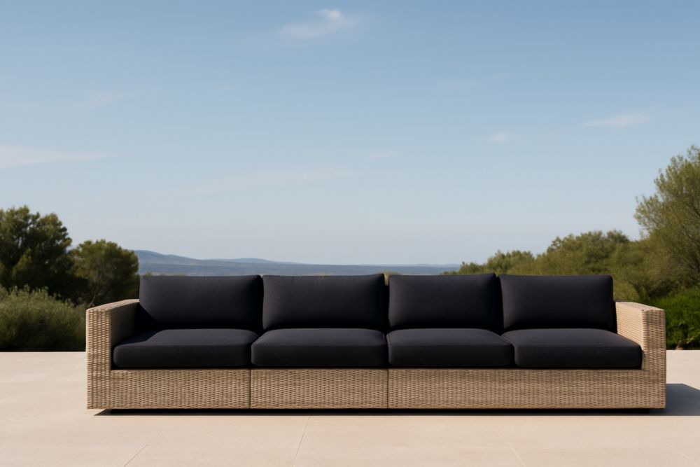 Divano da esterno in rattan con cuscini neri 300×90×80cm
