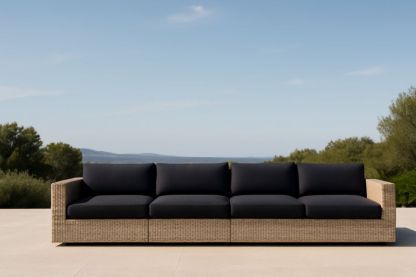 Divano da esterno in rattan con cuscini neri 300×90×80cm