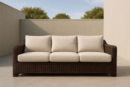 Divano a Tre Posti in Rattan Sintetico con Cuscini Crema