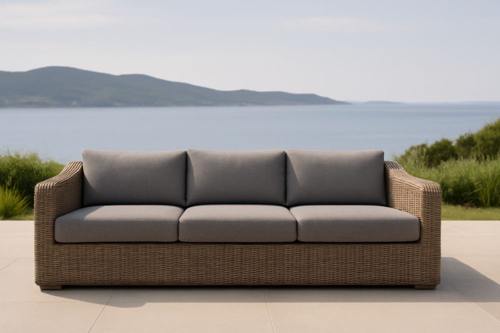 Divano Tre Posti in Rattan Sintetico con Cuscini in Tessuto Poliestere Grigio